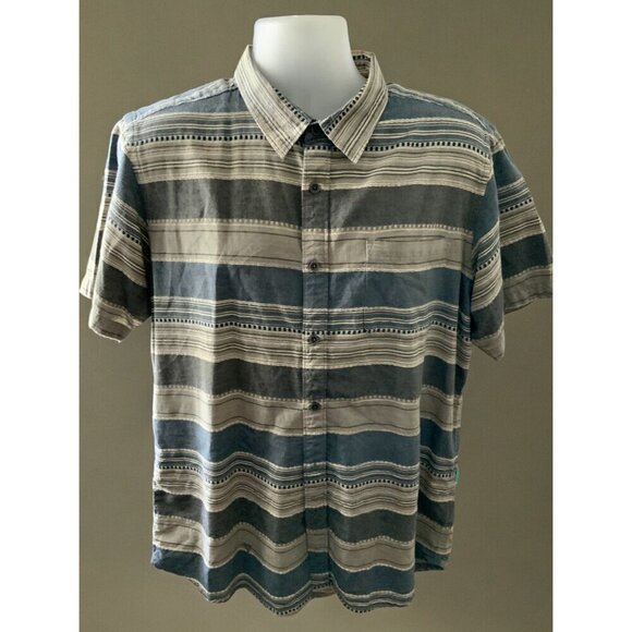 Vissla Striped Short Sleeve Casual Button Down Shirt Cotton Blue Tan Mens Large - Picture 7 of 7